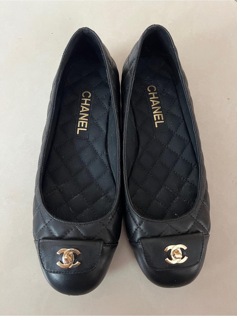 CHANEL Black Quilted Leather Ballerina Flats with Gold CC Hardware